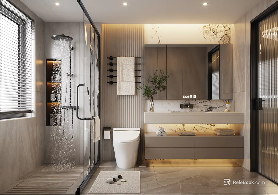 Modern Bathroom Interior Design With Glass Shower White Toilet Marble Vanity And Ambient Lighting 3d model 