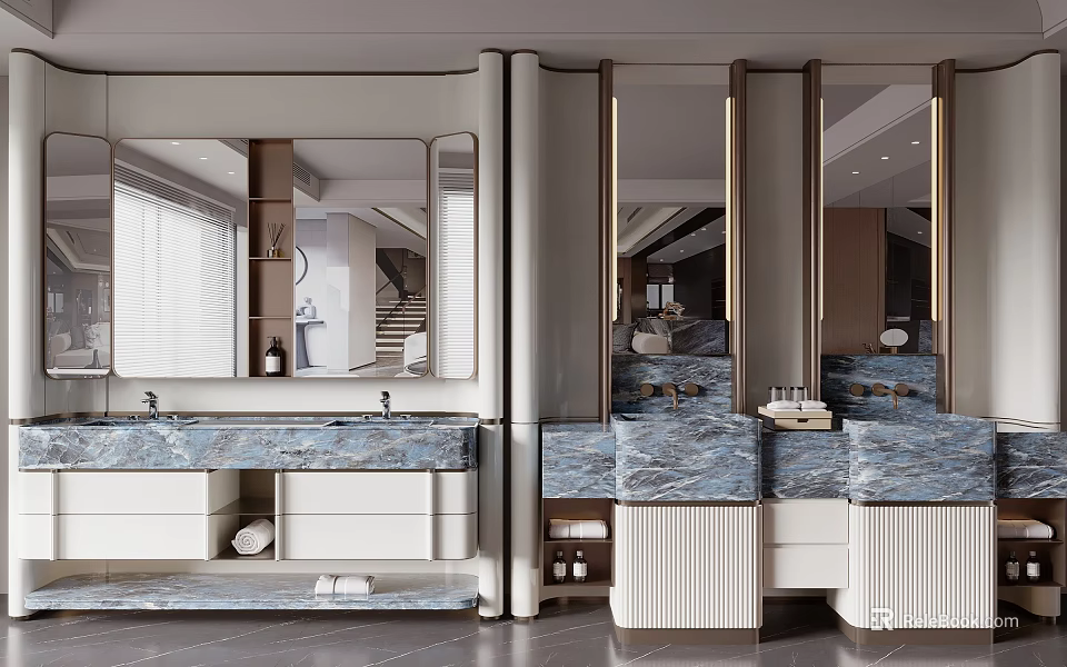 Elegant Modern Washbasin Vanity With Marble Countertop Mirrored Cabinets And Lighting 3d model 