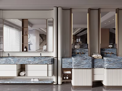 Elegant Modern Washbasin Vanity With Marble Countertop Mirrored Cabinets And Lighting 3d model