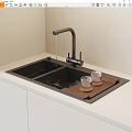 Black Double Bowl Kitchen Sink With Faucet On White Counter And Tray With Glass Cups