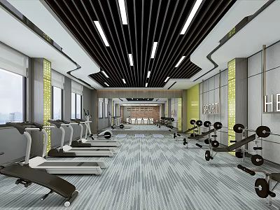 Spacious Modern Fitness Gym Interior With Treadmills Dumbbells Weight Equipment Gray Flooring And Lighting 3d model