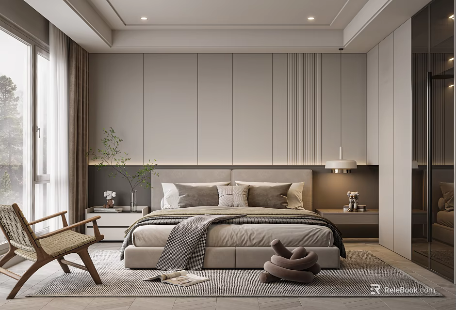 Modern Minimalist Bedroom Interior With Gray Wall Panels Woven Chair Bedside Lamp Plants And Rug 3d model 