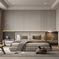 Modern Minimalist Bedroom Interior With Gray Wall Panels Woven Chair Bedside Lamp Plants And Rug