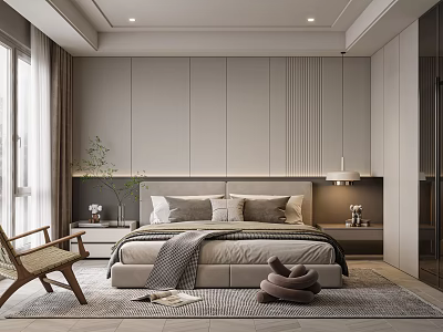 Modern Minimalist Bedroom Interior With Gray Wall Panels Woven Chair Bedside Lamp Plants And Rug 3d model
