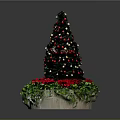 Decorated Christmas Tree With Colorful Ornaments Red Poinsettias And Green Foliage In Planter