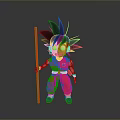 Spiky Black Hair Game Movie Character In Red Outfit With Black Belt And Red Staff