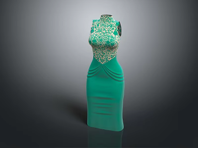 Turquoise Dress with Floral Lace Top and Sleeveless Fitted Waist Design 3d model