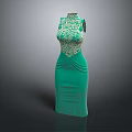 Turquoise Dress with Floral Lace Top and Sleeveless Fitted Waist Design