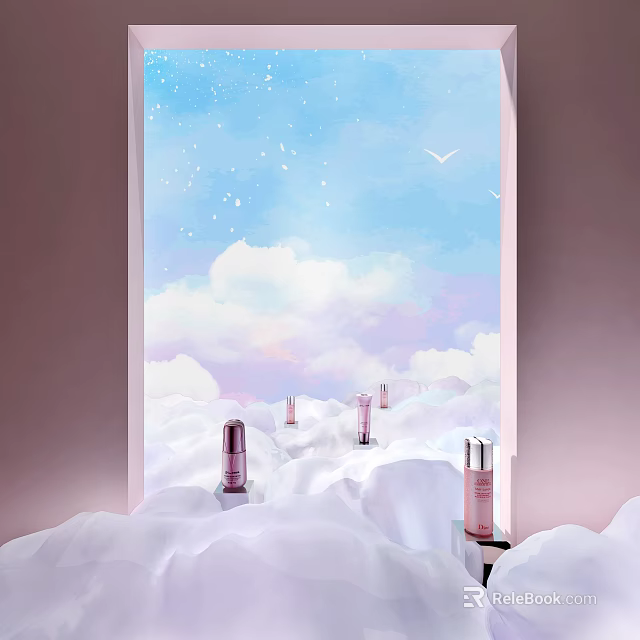 Pink And Silver Perfume Cosmetics Bottles On Clouds With Blue Sky Stars And Flying Birds 3d model 