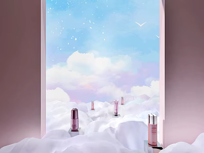 Pink And Silver Perfume Cosmetics Bottles On Clouds With Blue Sky Stars And Flying Birds 3d model