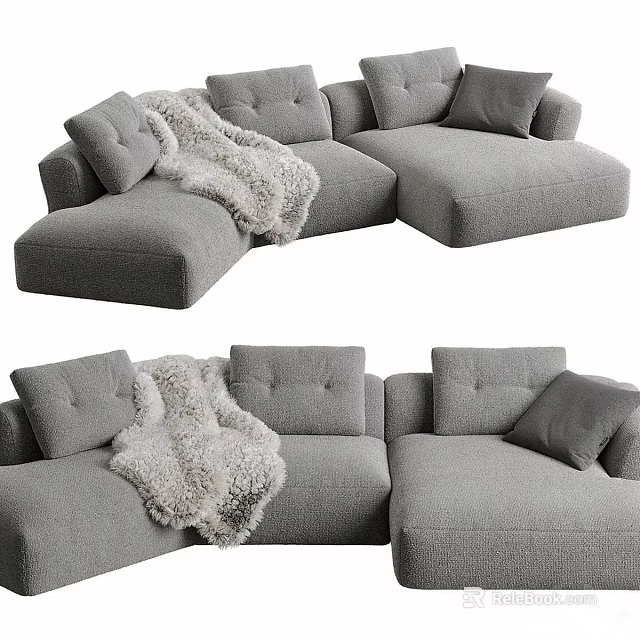 Modern Gray Sectional Sofa with Soft Cushions and Cozy Throw Blanket 3d model