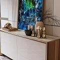 Elegant Modern Entryway Console Cabinet With White Surface Brass Decor And Blue Artwork 3d model