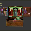Open Vintage Wooden Chest With Various Equipment Glass Bottles And Small Tools