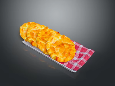 Golden Baked Flatbreads on White Tray with Red Checkered Napkin 3d model