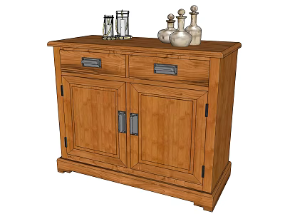 Wooden Console Side Cabinet With Drawers Cabinet Doors Metal Handles And Decorative Jars On Top 3d model
