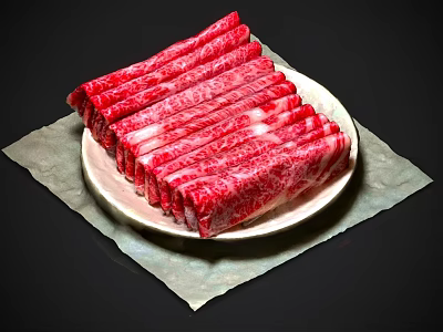 Marbled Beef Slices Neatly Arranged on Light Plate with Light Paper Underneath and Black Background 3d model