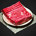 Marbled Beef Slices Neatly Arranged on Light Plate with Light Paper Underneath and Black Background