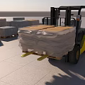 Yellow Forklift Handling Wrapped Goods Near Stacked Bricks In Warehouse