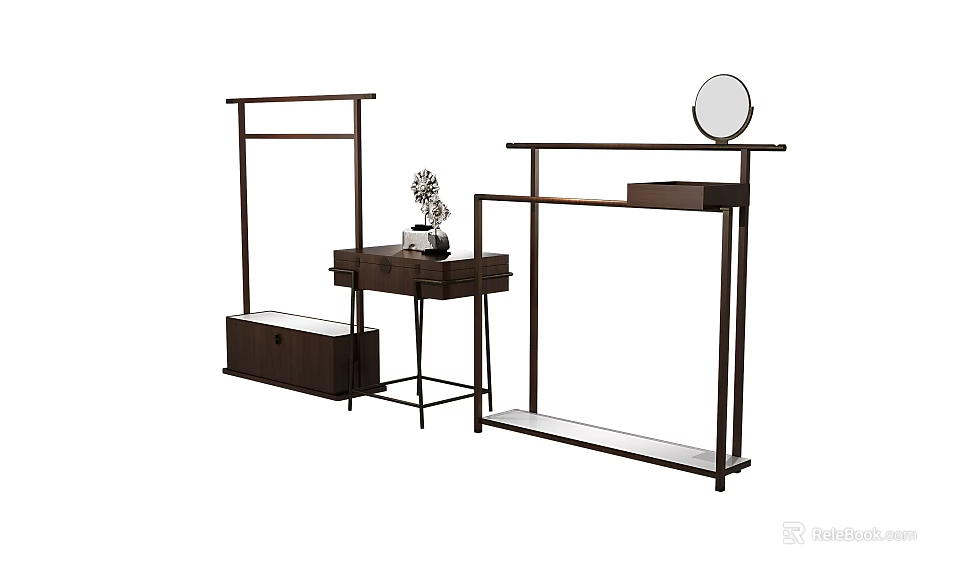 Modern Wooden Shelf With Clothes Rack Drawers Mirror And Decorative Items 3d model 