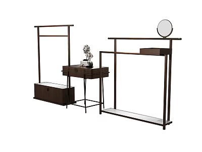 Modern Wooden Shelf With Clothes Rack Drawers Mirror And Decorative Items 3d model
