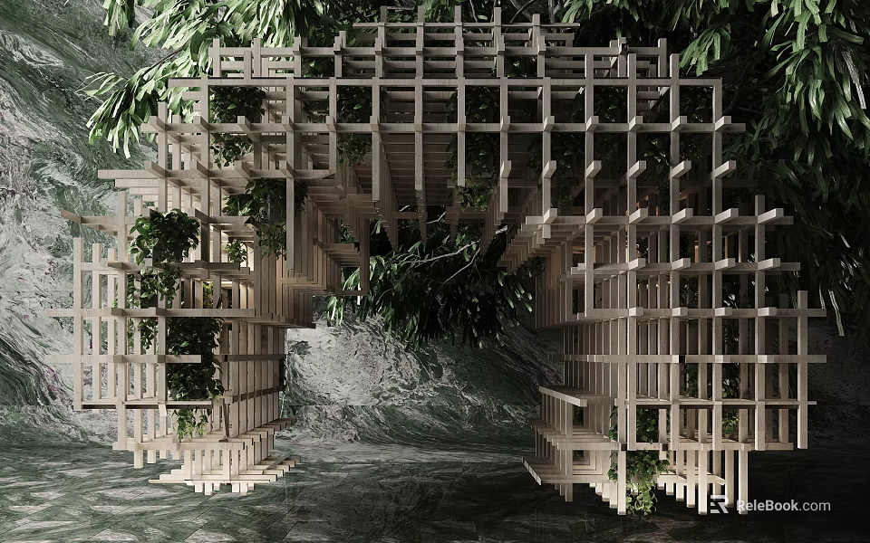 Artistic Garden Feature With Intricate Wooden Lattice Structure Lush Green Foliage And Natural Stone Accents 3d model 
