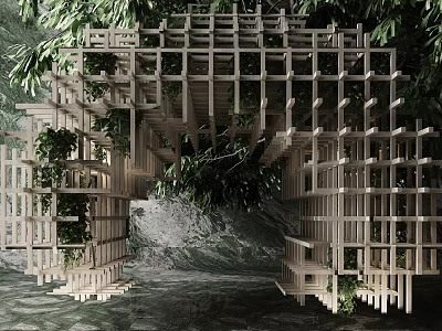 Artistic Garden Feature With Intricate Wooden Lattice Structure Lush Green Foliage And Natural Stone Accents 3d model