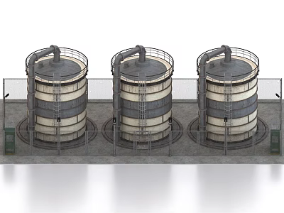 Three Large Industrial Storage Tanks with Metal Structure and Fenced Area 3d model