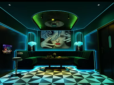 Modern KTV Interior Design With Neon Lights Green Accents And Black White Checkerboard Floor 3d model