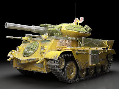 Yellow Green Camouflage Military Tank With Cannon Barrel Tracks And Antenna 3d model