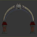 Scenic Chinese Arch With Spherical Top Ornament Dragon Sculptures And Red Roof Small Towers