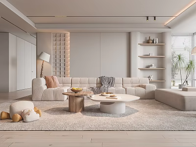 Modern Living Room Interior With Light Sofa Cushions Wooden Coffee Tables Rug And Plant Decor 3d model