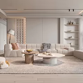 Modern Living Room Interior With Light Sofa Cushions Wooden Coffee Tables Rug And Plant Decor