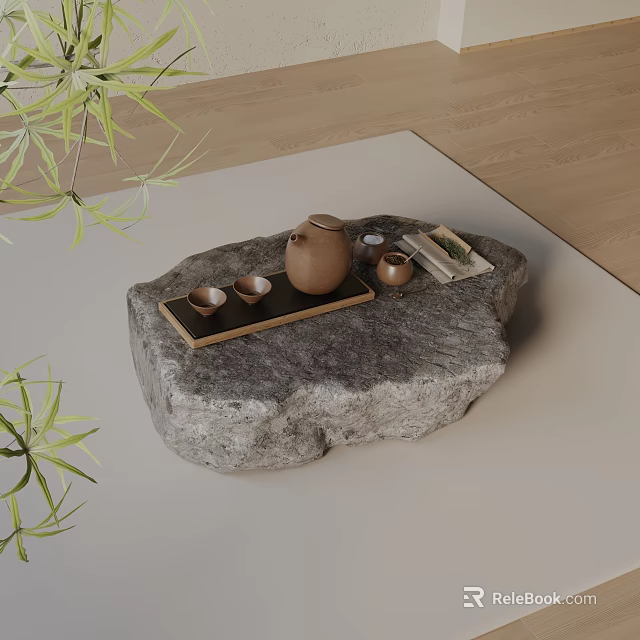Natural Style Sofa And Stone Coffee Table Set With Tea Set Tray And Bamboo Leaves 3d model 