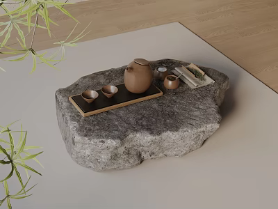Natural Style Sofa And Stone Coffee Table Set With Tea Set Tray And Bamboo Leaves 3d model