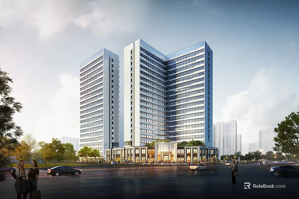 Modern Urban High Rise Buildings With Glass Facade And City Street View 3d model 