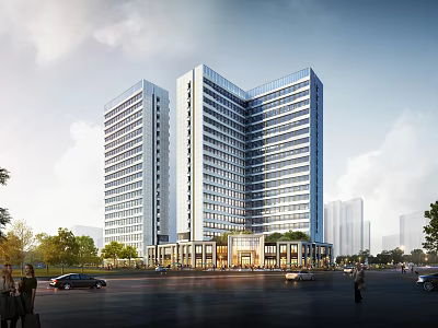 Modern Urban High Rise Buildings With Glass Facade And City Street View 3d model