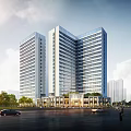 Modern Urban High Rise Buildings With Glass Facade And City Street View