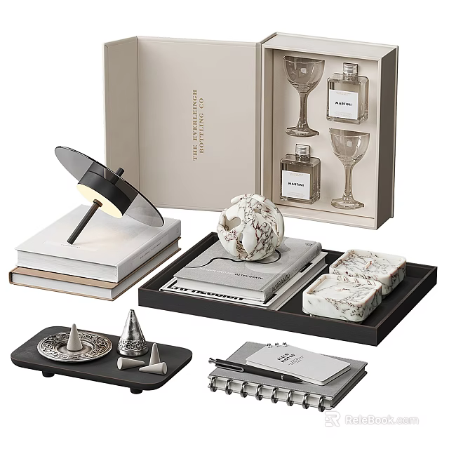 Stylish Modern Decorative Ornament Set With Tray Perfume Bottles Wine Glasses And Marble Accents 3d model 