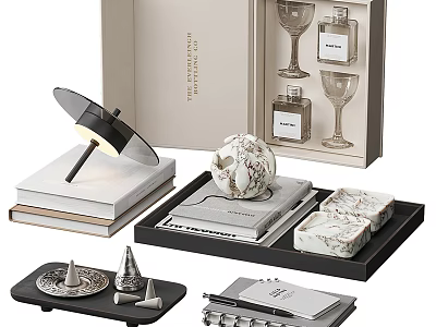 Stylish Modern Decorative Ornament Set With Tray Perfume Bottles Wine Glasses And Marble Accents 3d model