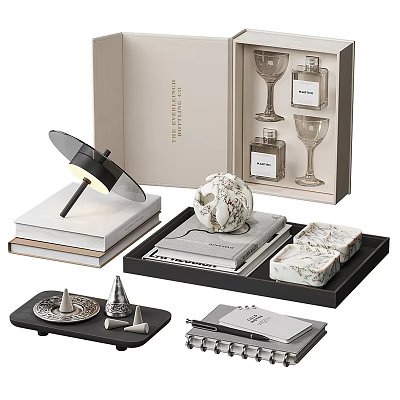 Stylish Modern Decorative Ornament Set With Tray Perfume Bottles Wine Glasses And Marble Accents 3d model