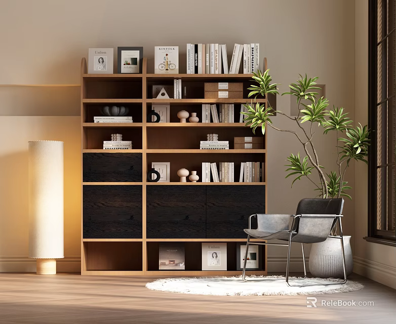 Modern Wooden Bookcase With Books Decorative Pieces And Potted Plant Near Chair 3d model 