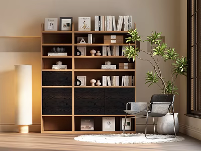 Modern Wooden Bookcase With Books Decorative Pieces And Potted Plant Near Chair 3d model