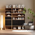 Modern Wooden Bookcase With Books Decorative Pieces And Potted Plant Near Chair