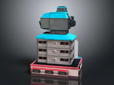 Modular Computer Design Featuring Stacked Components Blue Display Top And Red Base Structure 3d model