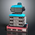 Modular Computer Design Featuring Stacked Components Blue Display Top And Red Base Structure