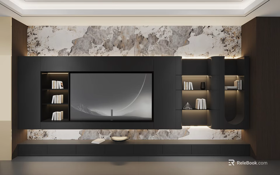 Modern Black TV Stand With Storage Shelves Books Decorations And Marble Patterned Backdrop 3d model