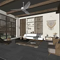 Cozy Natural Living Room Interior With Wooden Ceiling Fan And Rattan Furniture
