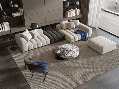 Modern Sectional Sofa With Round Marble Coffee Table And Ottoman 3d model