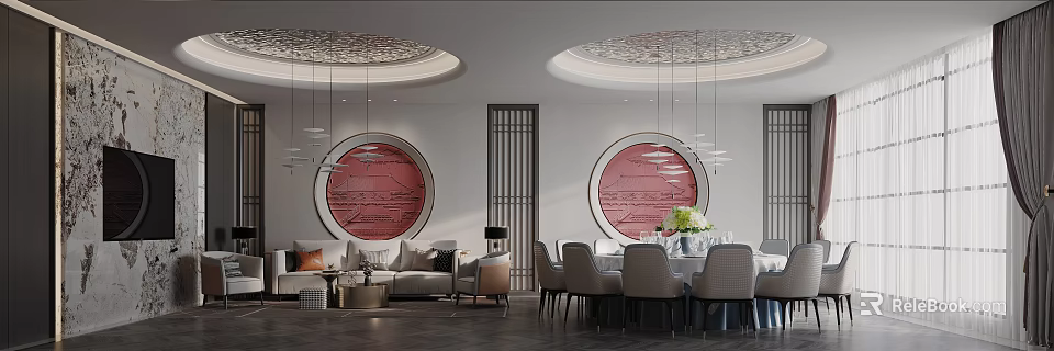 Luxurious Private Box Interior With Round Red Decorative Paintings And Dining Setup 3d model