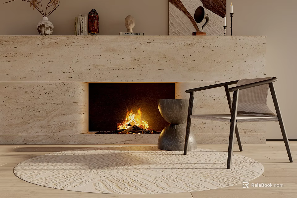 Modern Leisure Chair in Cozy Living Space with Burning Fireplace Round Rug and Mantel Decor 3d model 
